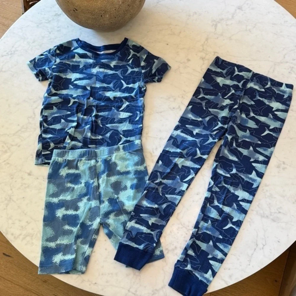 Boys Shark Pajama Set Size 7 Kids 3 Piece Blue Navy PJs Shorts Pants